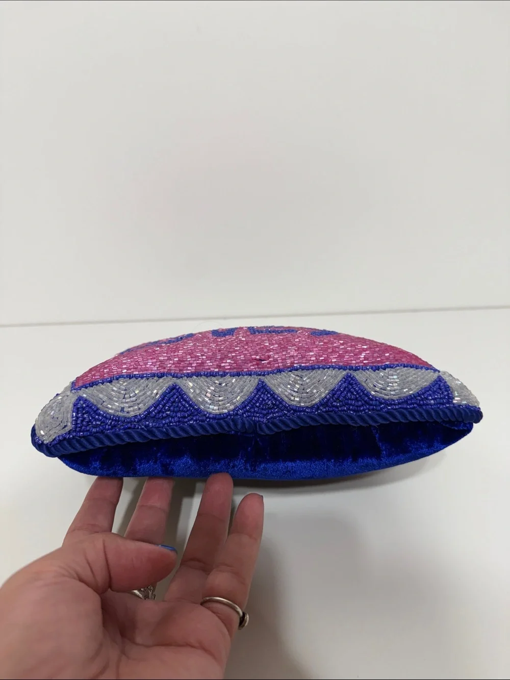 Sudha Pennathur Sequin Pink and Blue 'Oy Vey!' Decorative Beaded Pillow 8x10